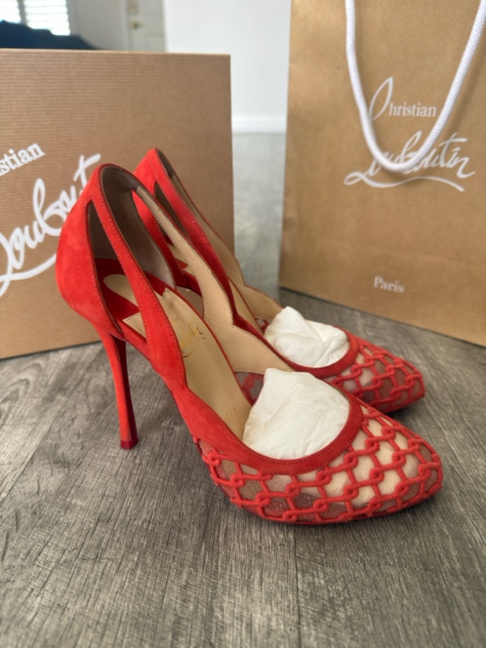 Christian Louboutin Rare Coral Red Mesh Pointed Heels